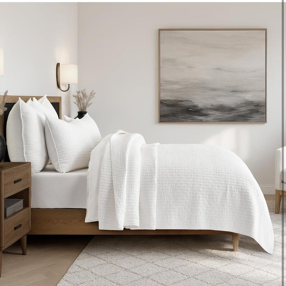 EverGrace Queen Quilt Set 100% Cotton Cross Stitch 3 Piece White Lightweight - Picture 5 of 11